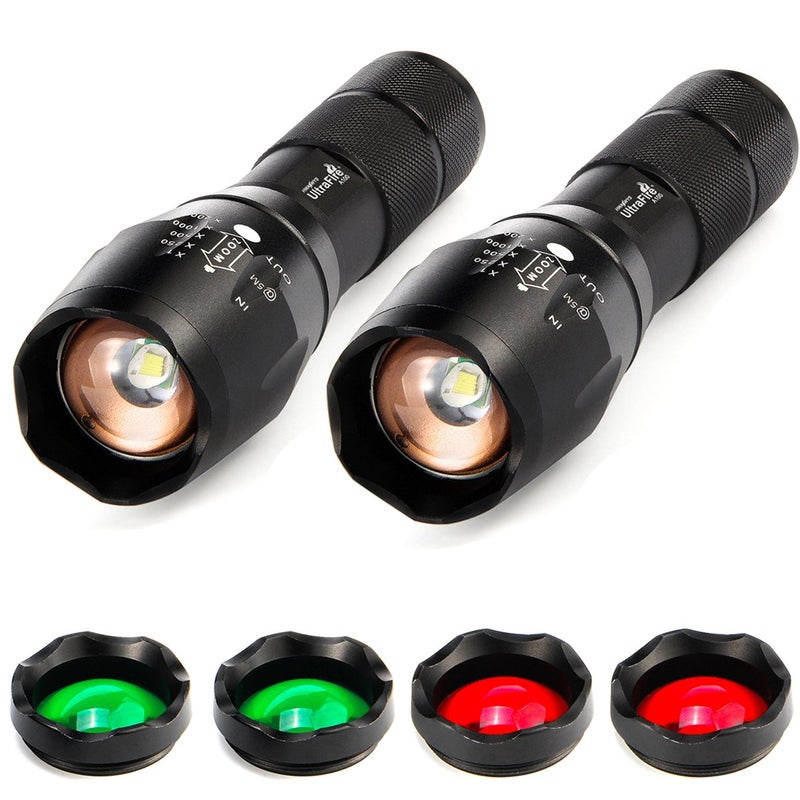 ULTRAFIRE 2 Pack A100 LED Hunting Flashlight,800 Lumen 3-Color-Light Tactical Flashlight 5 Modes Zoomable Small LED Hand held Flashlights (White Light/RED Light/Green Light) - Image 1